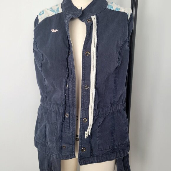 2010s Hollister Soft Faded Navy Utility Jacket Drawstring Waist, Button Front - Picture 9 of 12